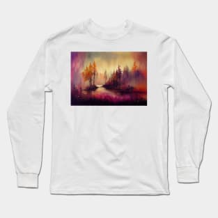 Trees On An Island In A Lake During Sunrise, Landscape Oil Painting Long Sleeve T-Shirt